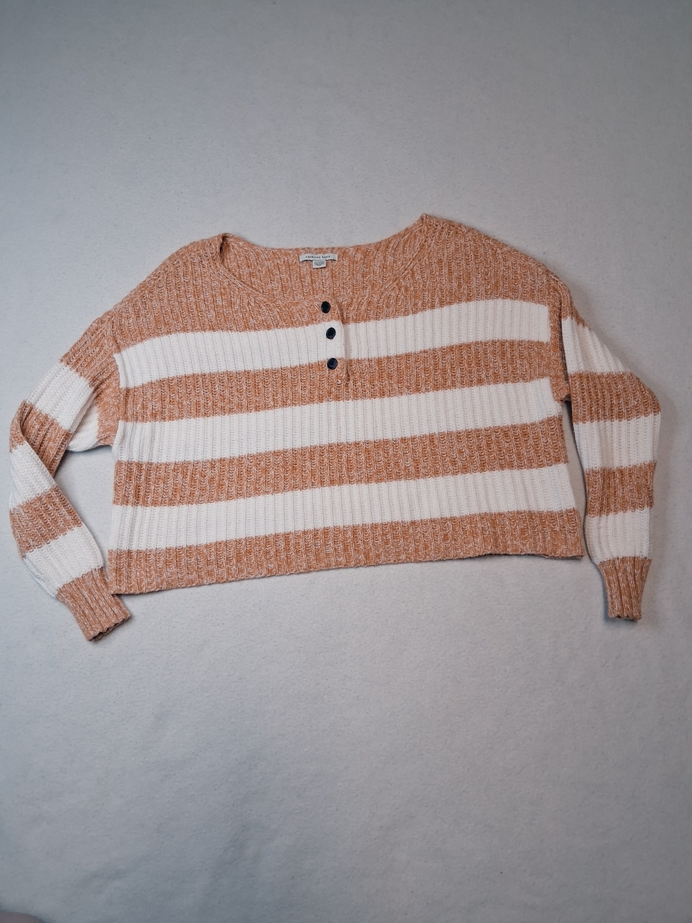 American Eagle Outfitters Cream and Tan Striped Henley Sweater